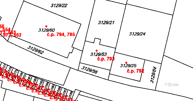 Bystřice nad Pernštejnem 793 na parcele st. 3129/53 v KÚ Bystřice nad Pernštejnem, Katastrální mapa