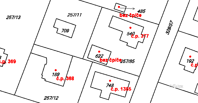 Kamenice 48706957 na parcele st. 622 v KÚ Štiřín, Katastrální mapa