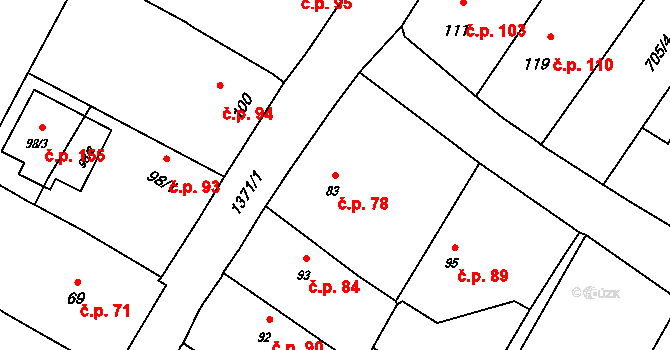 Skočice 78, Přeštice na parcele st. 83 v KÚ Skočice u Přeštic, Katastrální mapa