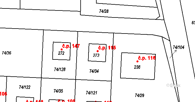 Tuřice 115 na parcele st. 273 v KÚ Tuřice, Katastrální mapa