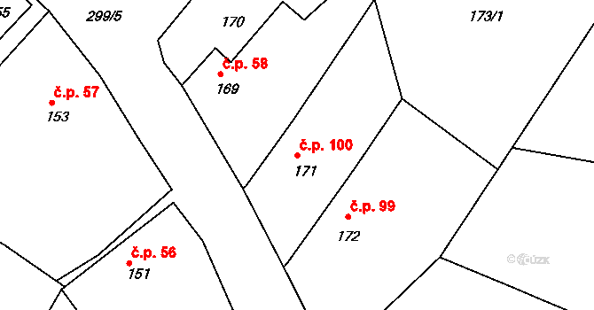 Hlízov 100 na parcele st. 171 v KÚ Hlízov, Katastrální mapa