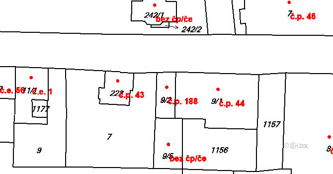 Boží Dar 188 na parcele st. 9/2 v KÚ Boží Dar, Katastrální mapa