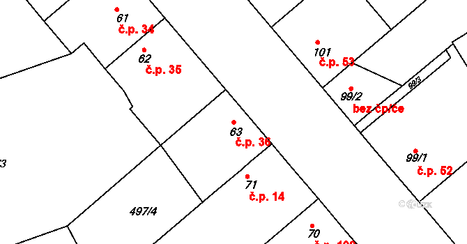 Sedlčánky 36, Čelákovice na parcele st. 63 v KÚ Sedlčánky, Katastrální mapa