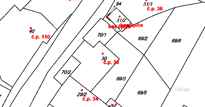 Sovínky 35 na parcele st. 30 v KÚ Sovínky, Katastrální mapa