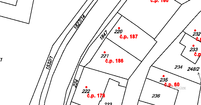 Kosmonosy 186 na parcele st. 221 v KÚ Kosmonosy, Katastrální mapa