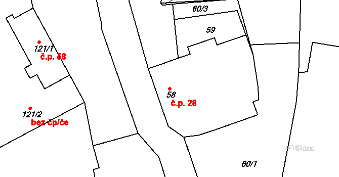 Vlčkovice 28, Praskačka na parcele st. 58 v KÚ Vlčkovice u Praskačky, Katastrální mapa