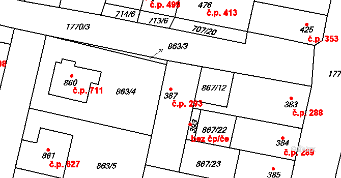 Libochovice 293 na parcele st. 387 v KÚ Libochovice, Katastrální mapa