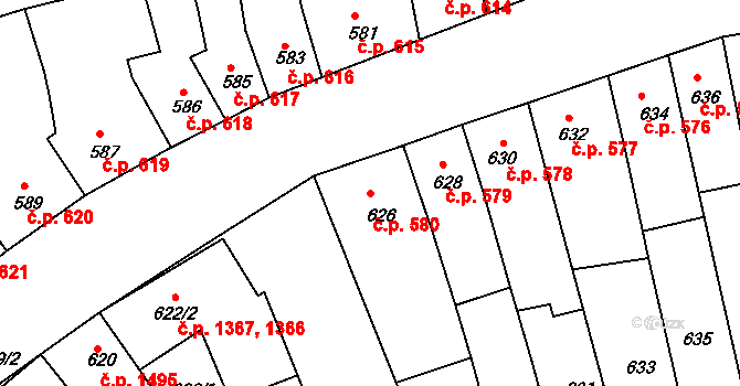 Roudnice nad Labem 580 na parcele st. 626 v KÚ Roudnice nad Labem, Katastrální mapa