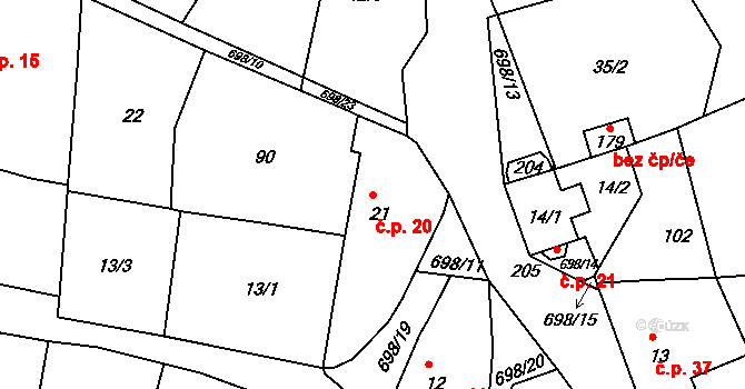 Rašovice 20, Klášterec nad Ohří na parcele st. 21 v KÚ Rašovice u Klášterce nad Ohří, Katastrální mapa