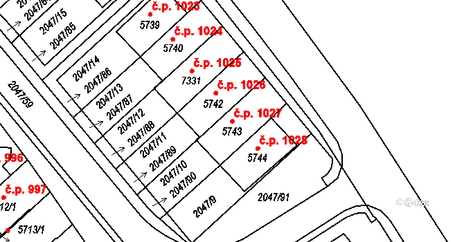 Chrudim II 1027, Chrudim na parcele st. 5743 v KÚ Chrudim, Katastrální mapa