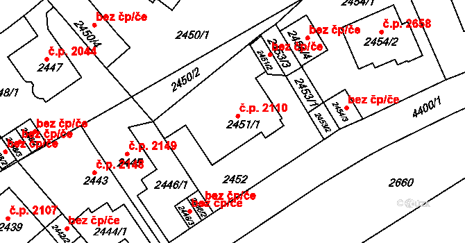Teplice 2110 na parcele st. 2451/1 v KÚ Teplice, Katastrální mapa