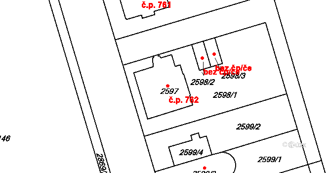 Krč 762, Praha na parcele st. 2597 v KÚ Krč, Katastrální mapa