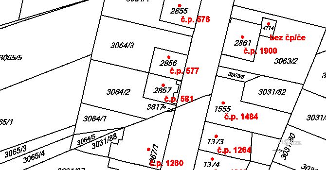 Česká Třebová 581 na parcele st. 2857 v KÚ Česká Třebová, Katastrální mapa