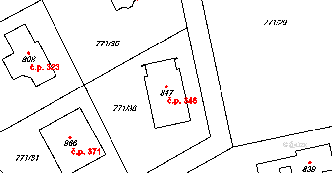 Mukařov 346 na parcele st. 847 v KÚ Mukařov u Říčan, Katastrální mapa