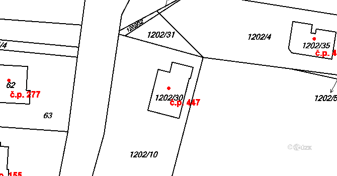 Zádveřice 447, Zádveřice-Raková na parcele st. 1202/30 v KÚ Zádveřice, Katastrální mapa