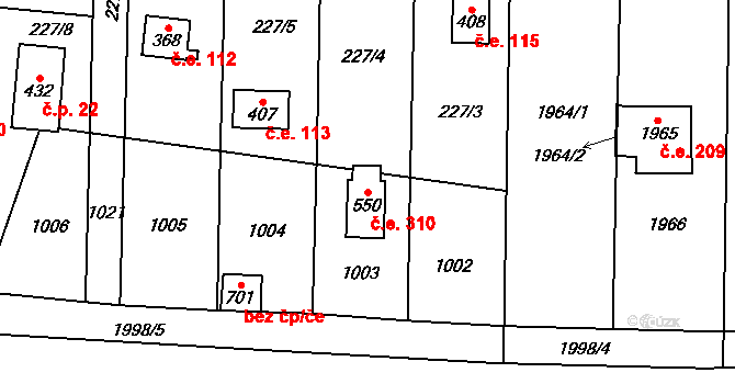 Lhotka 310, Svinaře na parcele st. 550 v KÚ Svinaře, Katastrální mapa