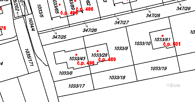 Ivanovice 489, Brno na parcele st. 1033/28 v KÚ Ivanovice, Katastrální mapa
