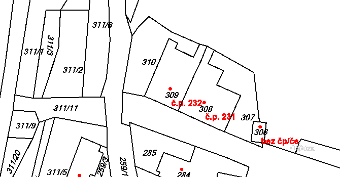 Jemnice 232 na parcele st. 309 v KÚ Jemnice, Katastrální mapa