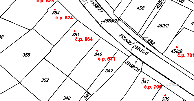Vlčnov 631 na parcele st. 346/1 v KÚ Vlčnov, Katastrální mapa