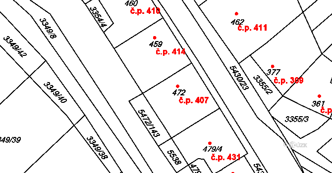 Jalubí 407 na parcele st. 472 v KÚ Jalubí, Katastrální mapa