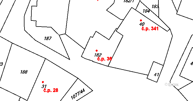 Čimelice 36 na parcele st. 182 v KÚ Čimelice, Katastrální mapa