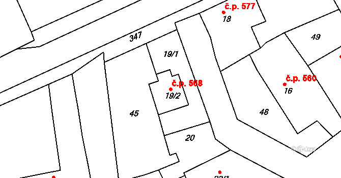 Rudná 568 na parcele st. 19/2 v KÚ Hořelice, Katastrální mapa