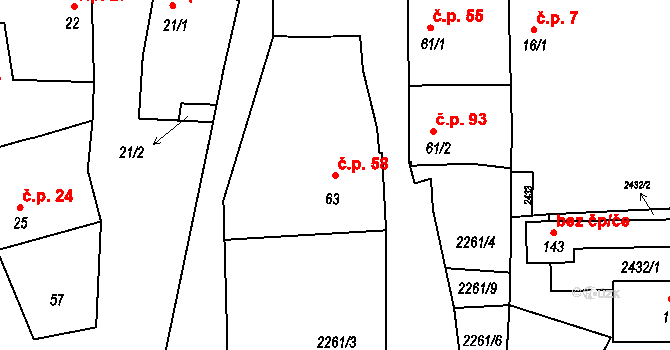 Horusice 58, Veselí nad Lužnicí na parcele st. 63/1 v KÚ Horusice, Katastrální mapa