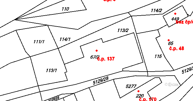 Pocinovice 137 na parcele st. 67/2 v KÚ Pocinovice, Katastrální mapa