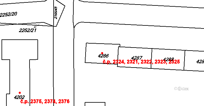 Zelené Předměstí 2321,2322,2323,2324,, Pardubice na parcele st. 4287 v KÚ Pardubice, Katastrální mapa