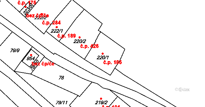 Lysice 185 na parcele st. 220/1 v KÚ Lysice, Katastrální mapa