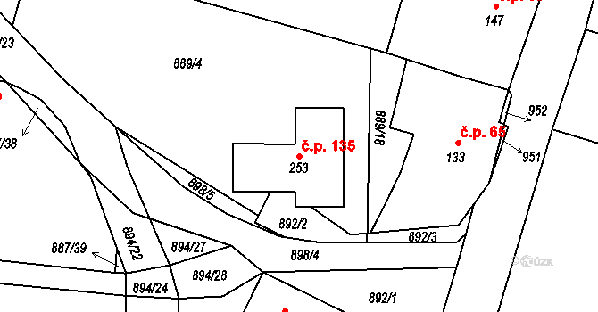 Polichno 135, Luhačovice na parcele st. 253 v KÚ Polichno, Katastrální mapa