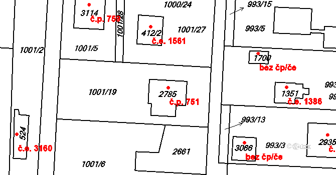 Litice 751, Plzeň na parcele st. 2785 v KÚ Valcha, Katastrální mapa