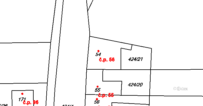 Bartoušov 56 na parcele st. 54 v KÚ Bartoušov, Katastrální mapa