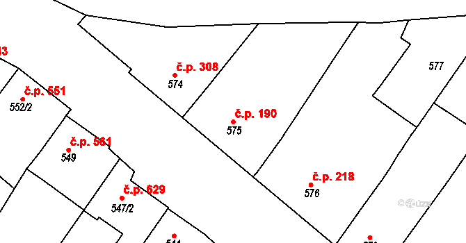 Hrušky 190 na parcele st. 575 v KÚ Hrušky, Katastrální mapa