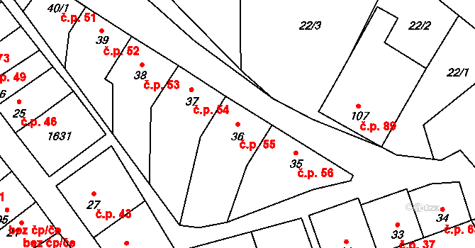 Dřevnovice 55 na parcele st. 36 v KÚ Dřevnovice, Katastrální mapa