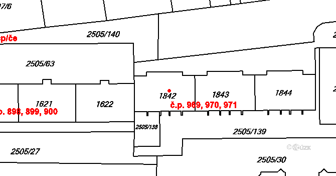 Dobřany 969,970,971 na parcele st. 1842 v KÚ Dobřany, Katastrální mapa