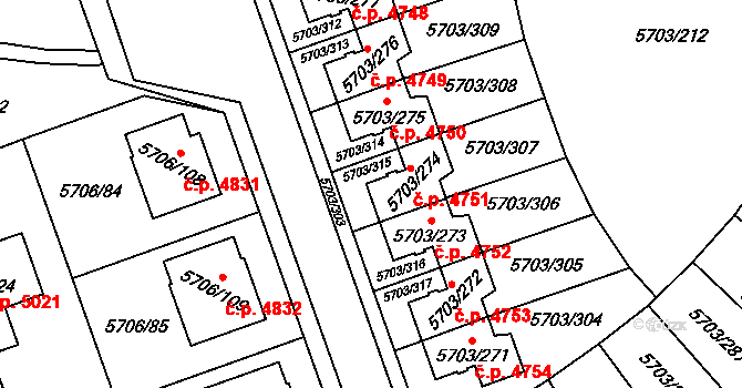 Jihlava 4751 na parcele st. 5703/274 v KÚ Jihlava, Katastrální mapa