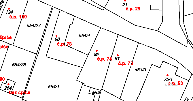 Bašť 74 na parcele st. 92 v KÚ Bašť, Katastrální mapa