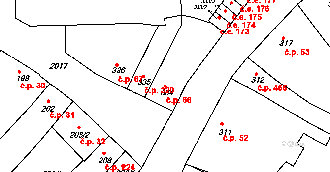 Modřice 66 na parcele st. 334 v KÚ Modřice, Katastrální mapa