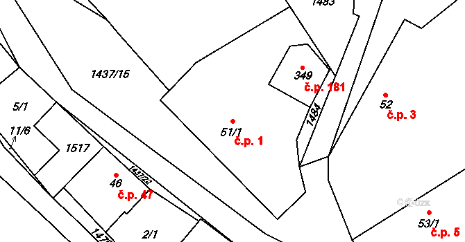 Hybrálec 1 na parcele st. 51/1 v KÚ Hybrálec, Katastrální mapa