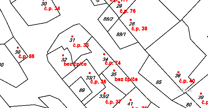 Ježkovice 74 na parcele st. 34 v KÚ Ježkovice na Moravě, Katastrální mapa