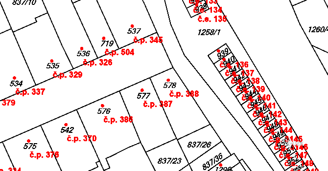 Dědice 388, Vyškov na parcele st. 578 v KÚ Dědice u Vyškova, Katastrální mapa