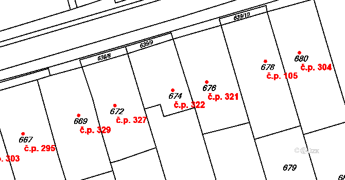 Rousínov 322 na parcele st. 674 v KÚ Rousínov u Vyškova, Katastrální mapa