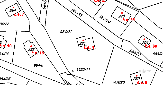 Košařiska 4 na parcele st. 281 v KÚ Košařiska, Katastrální mapa