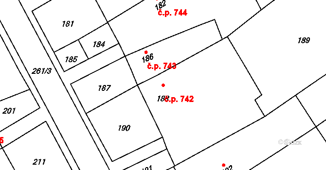 Březce 742, Štěpánov na parcele st. 188 v KÚ Březce, Katastrální mapa