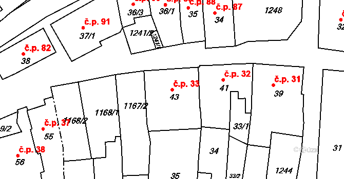 Rožmberk nad Vltavou 33 na parcele st. 43 v KÚ Rožmberk nad Vltavou, Katastrální mapa