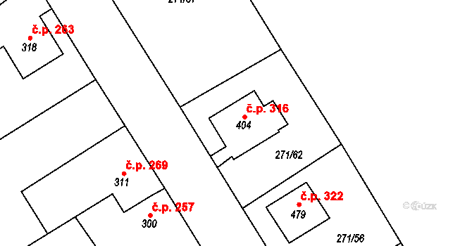 Dymokury 316 na parcele st. 404 v KÚ Dymokury, Katastrální mapa