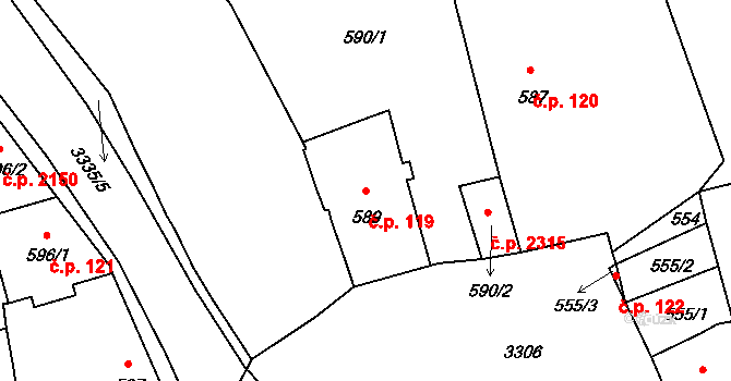 Pelhřimov 119 na parcele st. 589 v KÚ Pelhřimov, Katastrální mapa