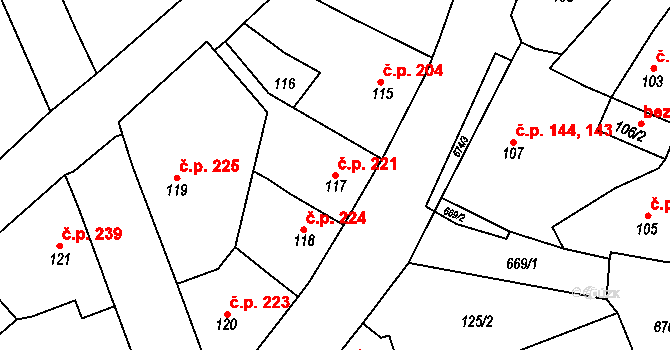 Svatava 221 na parcele st. 117 v KÚ Svatava, Katastrální mapa