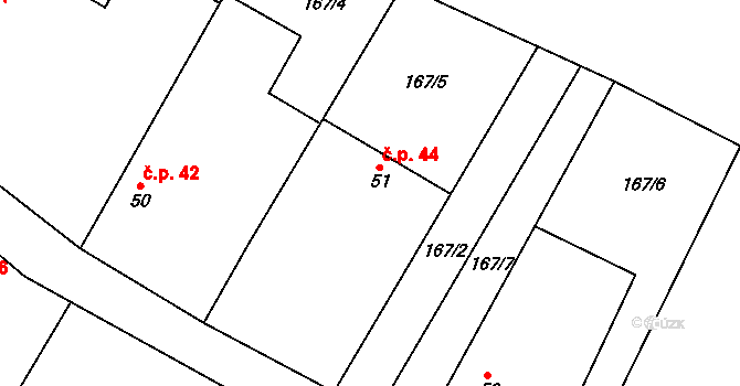 Újezdec 44, Horní Kruty na parcele st. 51 v KÚ Újezdec u Horních Krut, Katastrální mapa